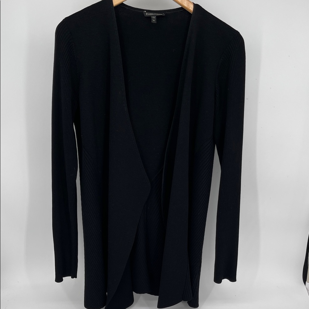 Eileen Fisher Black Ribbed Open-Front Cardigan Silk Blend Women Medium